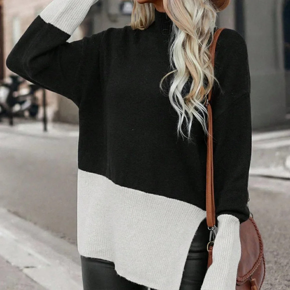 Multicolor Preppy Womens Two Tone Drop Shoulder Split Hem Drop Shoulder Sweater - Picture 2 of 6